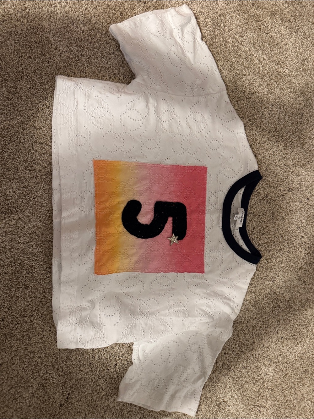CHANEL White Eyelet Tee with Ombre Pink-Yellow Square and Black '5'